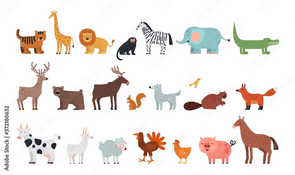 Different animals. Farm savanna forest fauna, isolated wildlife characters.  Wolf tiger bear deer squirrel, fox and sheep vector illustration. African  jungle, safari africa, different wild animals Stock Vector | Adobe Stock
