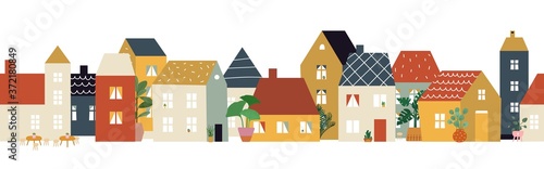 European city street pattern. Restaurant cafe district, house facade banner. Flat neighborhood, cute tiny buildings and plants, home or shop front view illustration. Old town vector building city