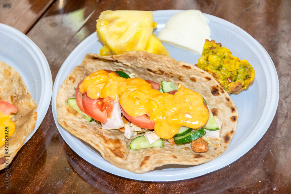 healthy breakfast vegetables and meat on a tortilla healthy breakfast vegetables and meat on a tortilla