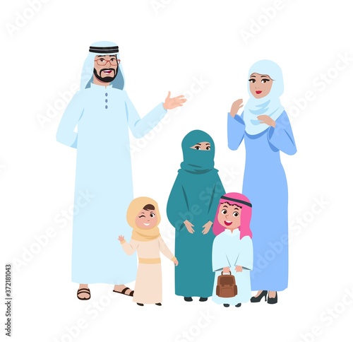 Happy arab family. Muslim young people, islamic man woman and kids. Isolated mother in hijab girl boy and father cartoon characters. Vector illustration. Family arab and muslim arabic people