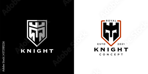 Knight shield logo icon design concept. Defense security business emblem. Gladiator armor warrior crest symbol. Abstract castle guard with iron helmet crown sign. Vector illustration.