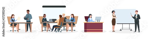 Office workers. Business situations, brainstorming and discussion. Team working, lady boss sitting at desk, managers or team leaders near info board. Cartoon professional vector illustration