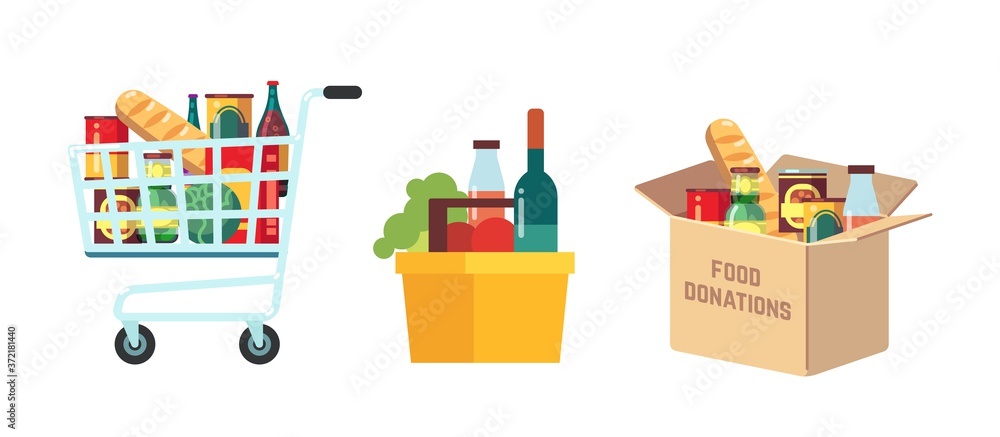 Shopping food carts. Grocery store, supermarket full basket with products. Isolated market pushcart. Box for donations with preserves. Shop and charity vector illustration. Basket from supermarket