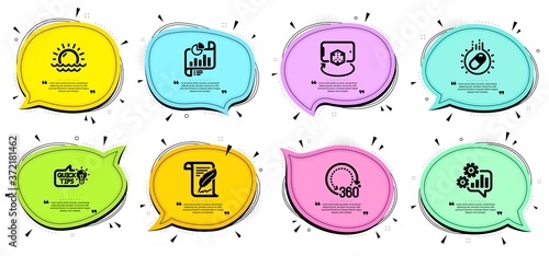 Capsule pill, Augmented reality and Sunset signs. Chat bubbles with quotes. Education idea, Feather and Cogwheel line icons set. Report document, 360 degrees symbols. Vector