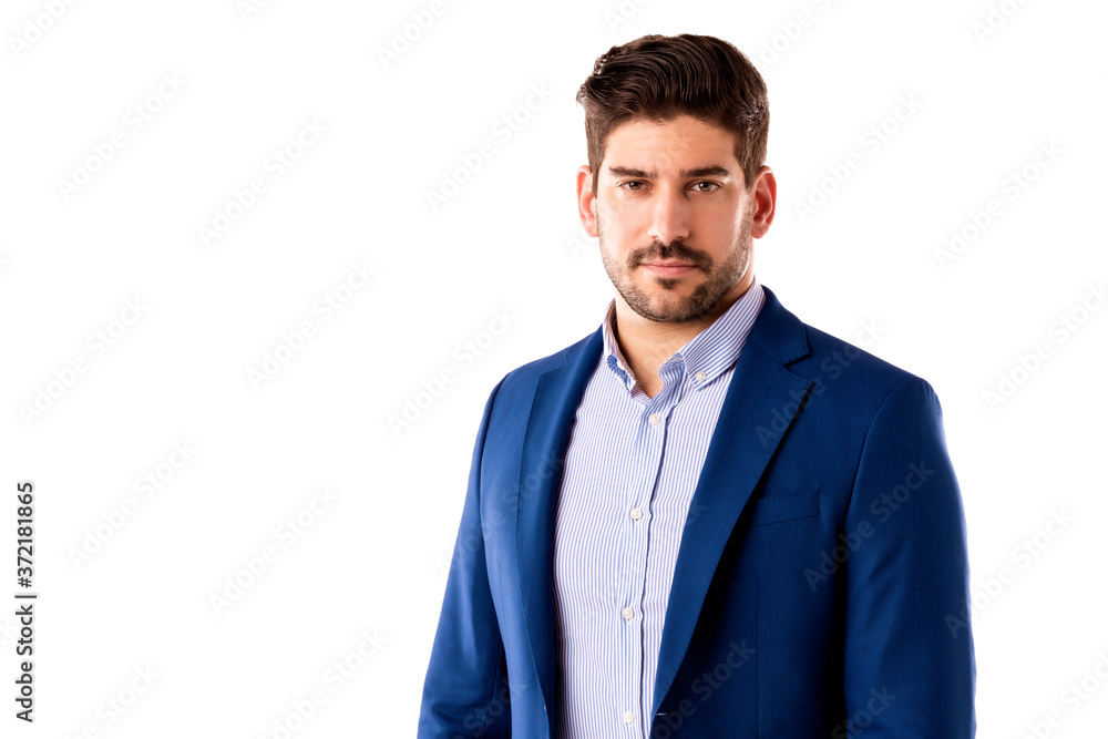 Businessman studio portrait while standing at isolated white background Businessman studio portrait while standing at isolated white background