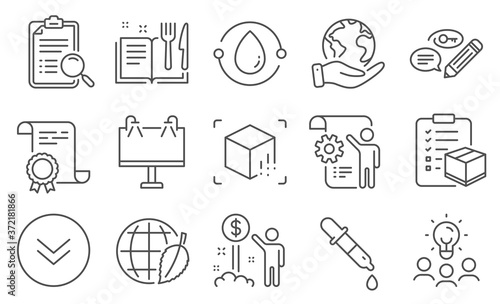 Set of Business icons, such as Keywords, Environment day. Diploma, ideas, save planet. Cold-pressed oil, Scroll down, Augmented reality. Chemistry pipette, Parcel checklist, Settings blueprint. Vector