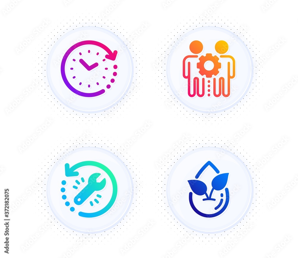 Employees teamwork, Time change and Recovery tool icons simple set. Button with halftone dots. Organic product sign. Collaboration, Clock, Backup info. Leaf. Science set. Vector