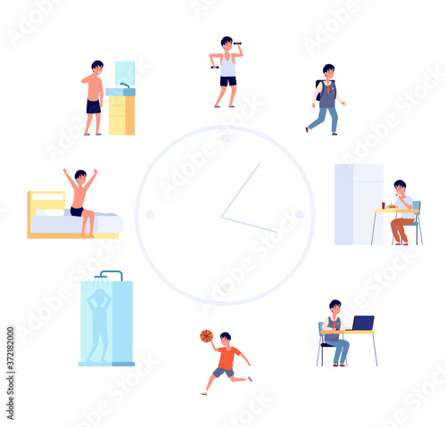 Daily life schedule. Cartoon kid routine, boy activities. Flat cute child sleeping eating by the clock, baby lifestyle vector illustration. Activity and shower, sleeping and eating, morning routine