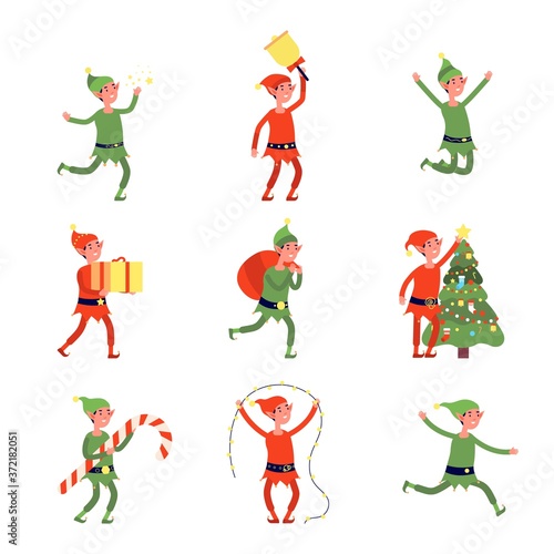 Christmas elves. Cartoon elf, flat santa helpers holding present, bag, tree. Cute joyful holiday magic workers workshop vector illustration. Elf christmas character, holiday winter dwarf