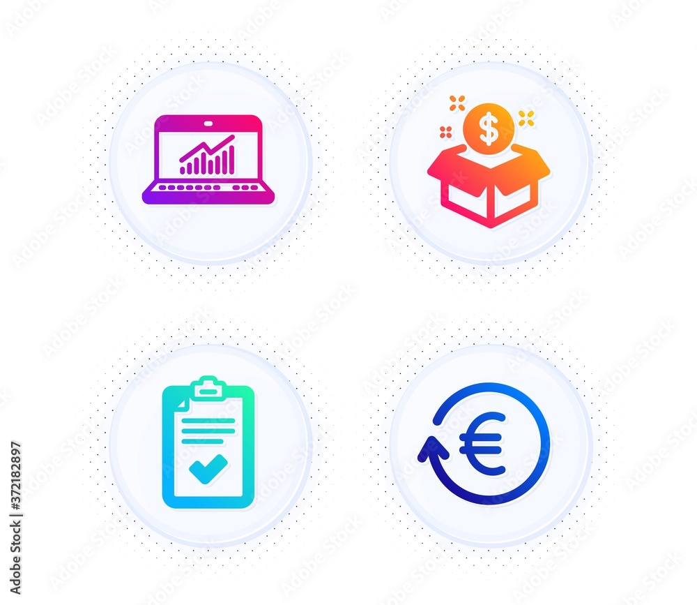 Checklist, Post package and Online statistics icons simple set. Button with halftone dots. Exchange currency sign. Survey, Postbox, Computer data. Reshresh exchange rate. Finance set. Vector Checklist, Post package and Online statistics icons simple set. Button with halftone dots. Exchange currency sign. Survey, Postbox, Computer data. Reshresh exchange rate. Finance set. Vector