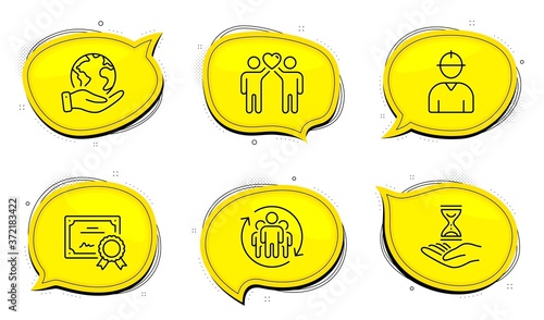 Time hourglass sign. Diploma certificate, save planet chat bubbles. Friends couple, Engineer and Teamwork line icons set. Friendship, Worker profile, Employees change. Sand watch. People set. Vector