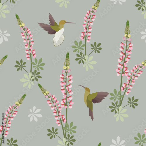 Beautiful seamless vector floral summer pattern background with hummingbird, lupine flowers.