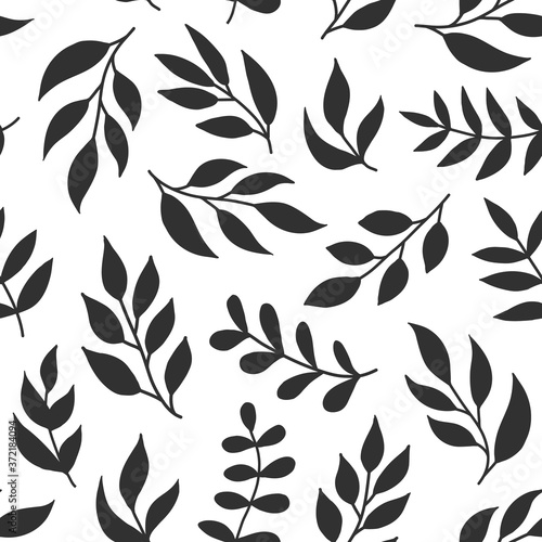 Floral seamless pattern with fern  different leaves  black color branches on white background. Greenery vector summer forest background