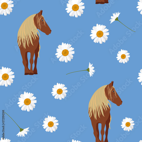 Seamless vector illustration with a horse and chamomile