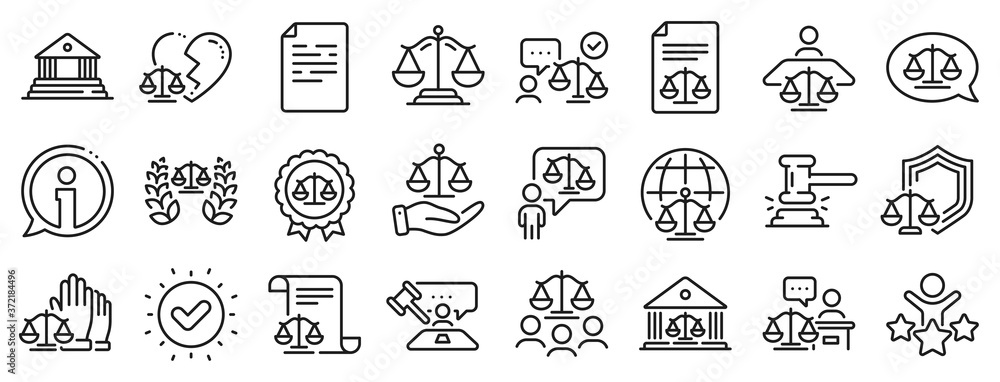 Scales of Justice, Lawyer and Judge. Court line icons. Hammer, Law and Petition document set icons. Judgment, justice, court injunction. Gavel judge hammer, rulings, presiding officer. Vector Scales of Justice, Lawyer and Judge. Court line icons. Hammer, Law and Petition document set icons. Judgment, justice, court injunction. Gavel judge hammer, rulings, presiding officer. Vector