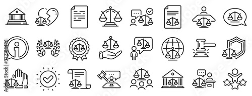 Scales of Justice  Lawyer and Judge. Court line icons. Hammer  Law and Petition document set icons. Judgment  justice  court injunction. Gavel judge hammer  rulings  presiding officer. Vector