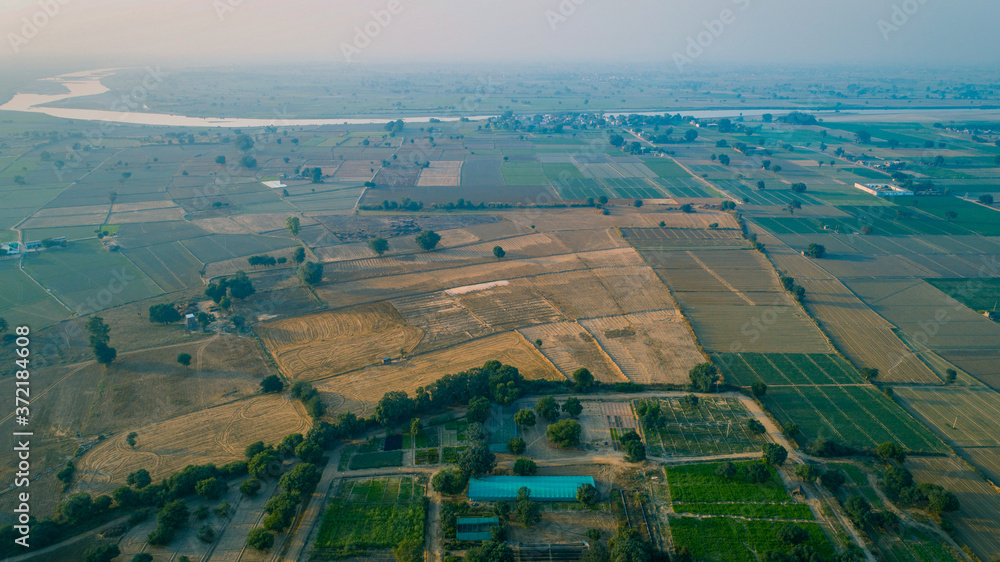 Drone view of Indian forest and agriculture field