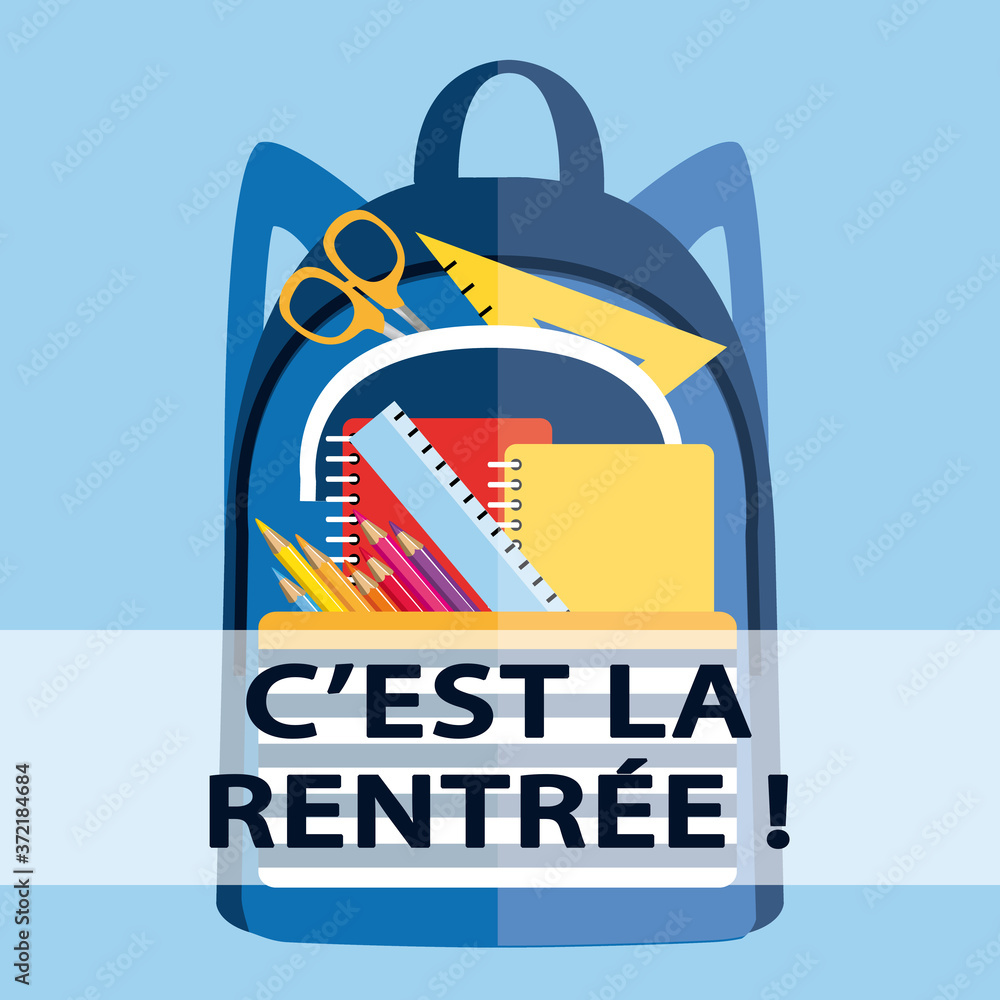 Cartable rempli de fournitures scolaires. Rentr?�e des classes illustration. Stock Illustration 