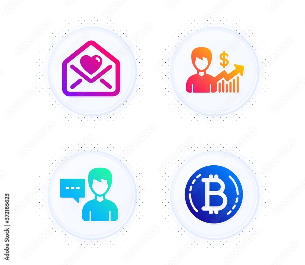 Business growth, Love letter and Person talk icons simple set. Button with halftone dots. Bitcoin sign. Earnings results, Heart, Communication message. Cryptocurrency coin. Business set. Vector Business growth, Love letter and Person talk icons simple set. Button with halftone dots. Bitcoin sign. Earnings results, Heart, Communication message. Cryptocurrency coin. Business set. Vector