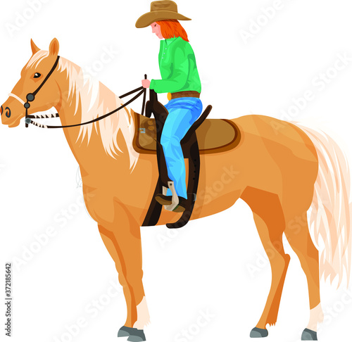 Vector illustration of a cowgirl riding a horse.