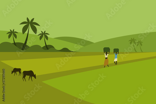 Illustration of rural people walking through paddy fields of South India
