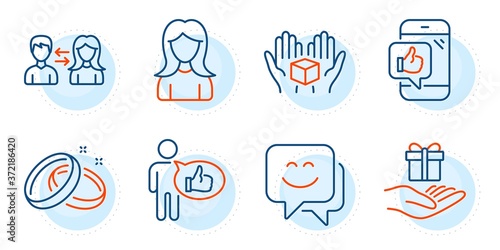 Like, Mobile like and Hold box signs. Woman, Wedding rings and People communication line icons set. Loyalty program, Smile face symbols. Girl profile, Love. People set. Outline icons set. Vector