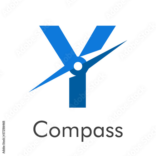 Letra inicial Y con flecha como logotipo de brújula en color azul con palabra Compass en color azul