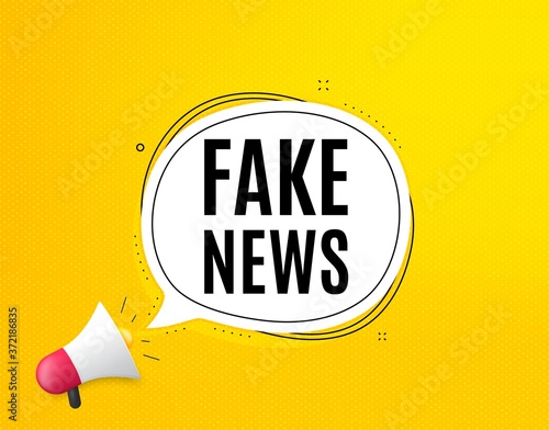 Fake news symbol. Megaphone banner with chat bubble. Media newspaper sign. Daily information. Loudspeaker with speech bubble. Fake news promotion text. Social Media banner. Vector
