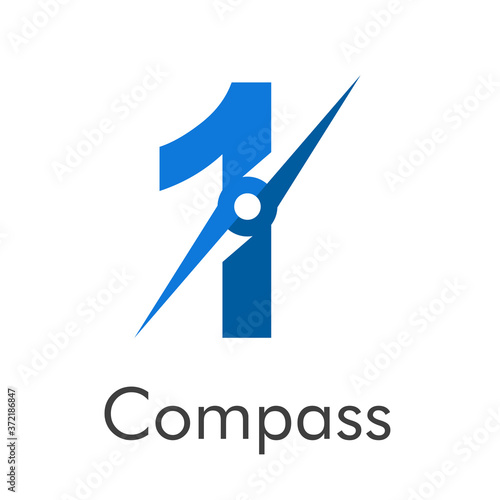 Número 1 con flecha como logotipo de brújula en color azul con palabra Compass en color azul