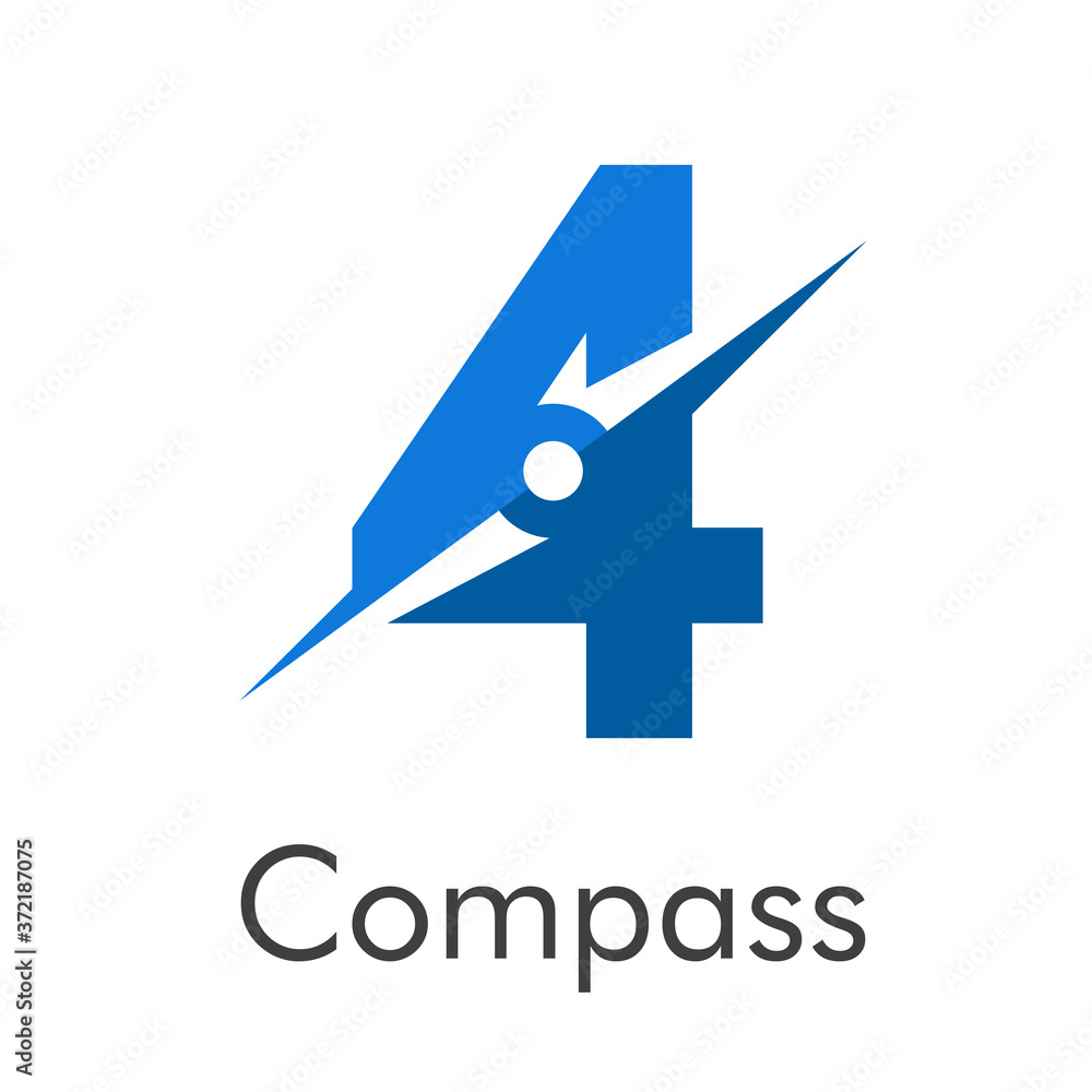 Número 4 con flecha como logotipo de brújula en color azul con palabra Compass en color azul
