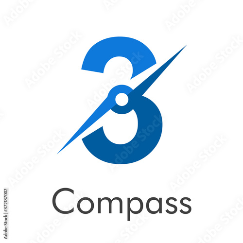 Número 3 con flecha como logotipo de brújula en color azul con palabra Compass en color azul