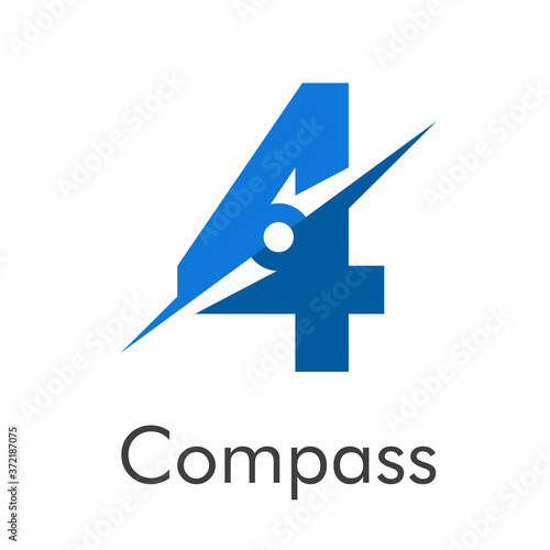 Número 4 con flecha como logotipo de brújula en color azul con palabra Compass en color azul