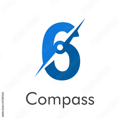 Número 6 con flecha como logotipo de brújula en color azul con palabra Compass en color azul