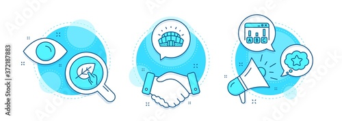 Sports stadium, Survey results and Organic tested line icons set. Handshake deal, research and promotion complex icons. Loyalty star sign. Championship arena, Best answer, Paraben. Vector