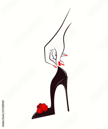 High heel stiletto shoe with decorative flower and woman hand with red nail polish manicure.Footwear logo isolated on white background.Fashion and style icon.Elegant, luxury, feminine design.