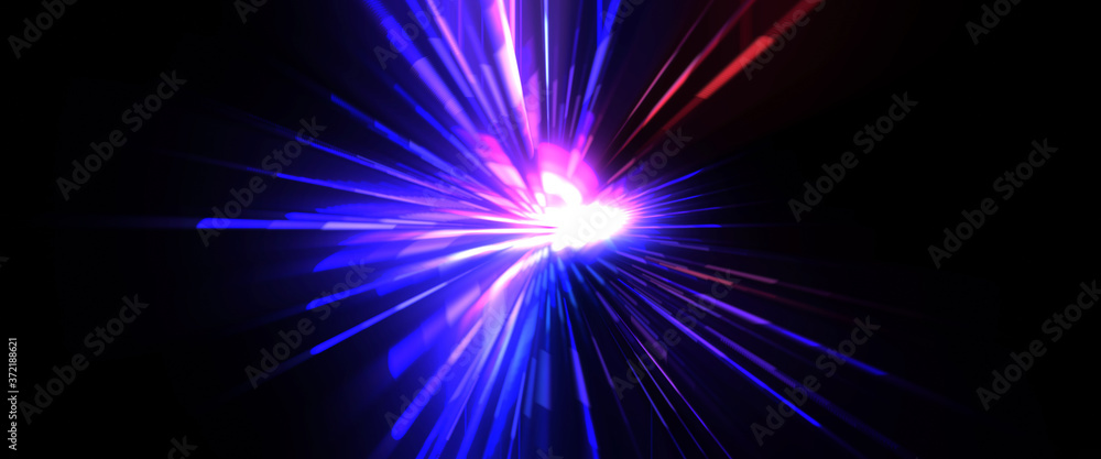 Futuristic lens flare. Light explosion star with glowing particles and lines. Beautiful abstract rays background.