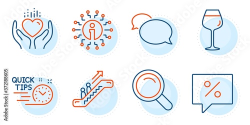 Quick tips, Escalator and Discount message signs. Info, Messenger and Search line icons set. Bordeaux glass, Hold heart symbols. Information, Speech bubble. Business set. Outline icons set. Vector