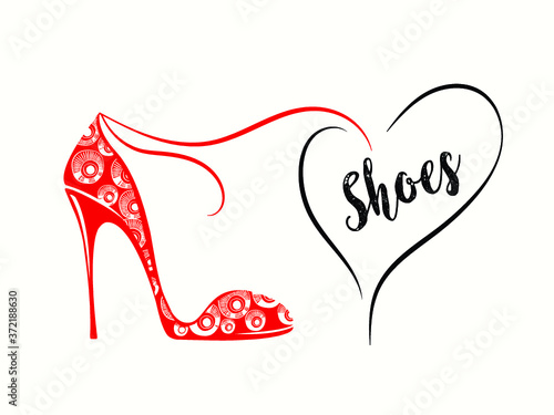 High heel stiletto shoe with decorative elements and heart outline.Footwear logo isolated on white background.Fashion and style icon.Elegant, luxury, feminine design.