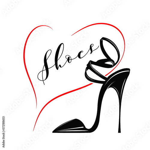 High heel sandal with decorative elements and red heart outline.Footwear logo isolated on white background.Fashion and style icon.Elegant, luxury, feminine design.