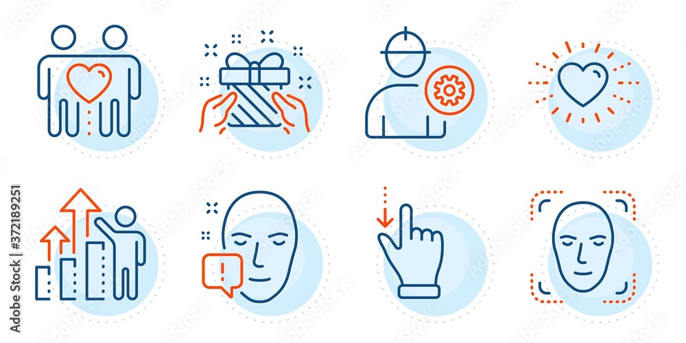 Heart, Face attention and Engineer signs. Employee results, Friends couple and Touchscreen gesture line icons set. Face detection, Gift symbols. Chart, Friendship. People set. Vector