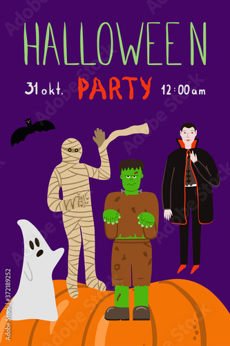 Halloween card with teenagers in costumes