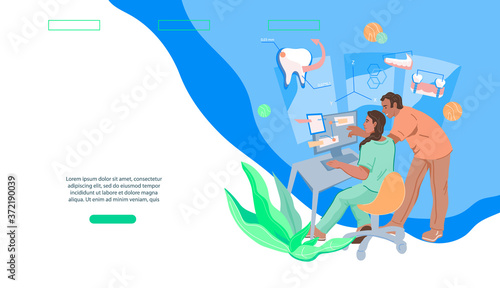 Website for professional dentistry and dental aesthetic, orthodontic services. Dental implantology and oral tomography web banner template. Flat vector illustration.