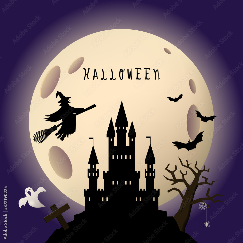 Halloween concept background with witch, moon, bat, ghost and castle.