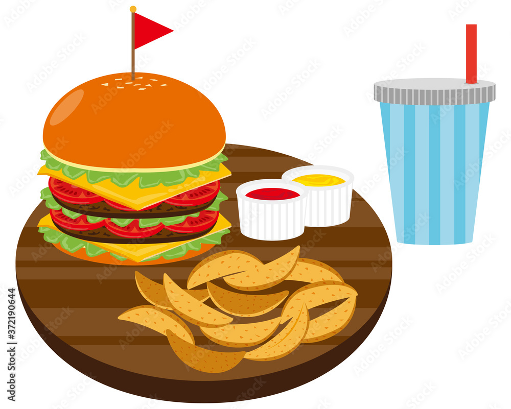 Vecteur Stock チーズとビーフのハンバーガーとフライドポテトとジュースのセットのベクターイラスト Adobe Stock Vecteur Stock チーズとビーフのハンバーガーとフライドポテトとジュースのセットのベクターイラスト Adobe Stock