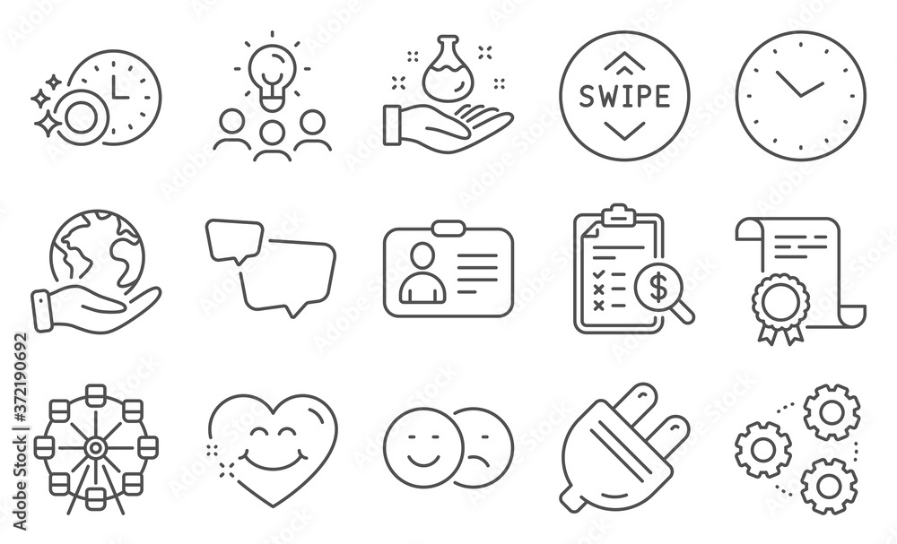 Fototapeta premium Set of Technology icons, such as Speech bubble, Smile face. Diploma, ideas, save planet. Swipe up, Gears, Dishwasher timer. Id card, Time, Chemistry lab. Vector