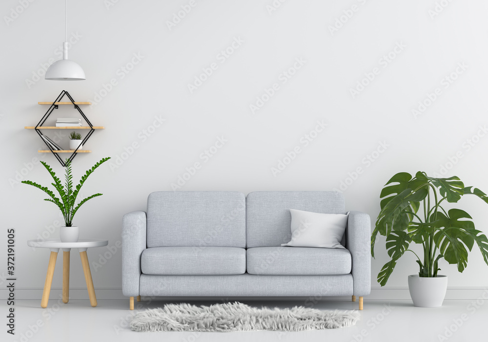 Gray sofa in white living room for mockup, 3D rendering