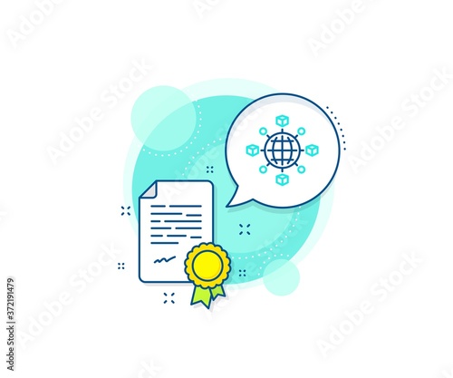 Parcel tracking sign. Certification complex icon. Logistics network line icon. Goods distribution symbol. Certificate or diploma document. Logistics network sign. Vector