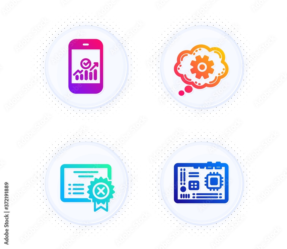 Reject certificate, Smartphone statistics and Cogwheel icons simple set. Button with halftone dots. Motherboard sign. Decline file, Mobile business, Engineering tool. Computer component. Vector Reject certificate, Smartphone statistics and Cogwheel icons simple set. Button with halftone dots. Motherboard sign. Decline file, Mobile business, Engineering tool. Computer component. Vector