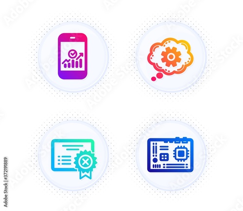 Reject certificate, Smartphone statistics and Cogwheel icons simple set. Button with halftone dots. Motherboard sign. Decline file, Mobile business, Engineering tool. Computer component. Vector
