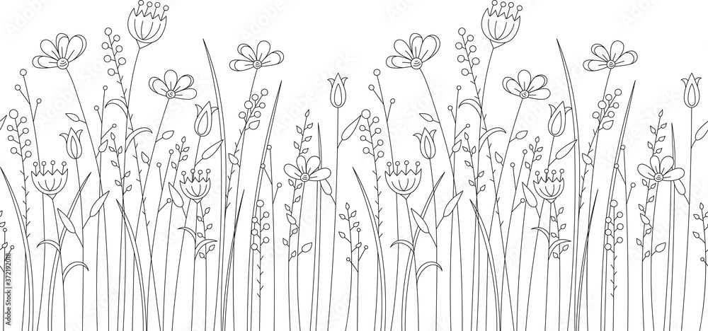 Fototapeta premium Seamless vector pattern with stylized summer flowers. Endless horizontal texture. Contour, outline.Black silhouette